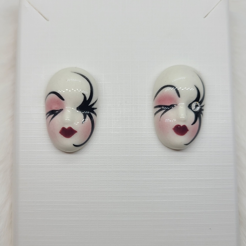 Vintage Fancy Faces Hand Painted Porcelian Mardi Gras Mask Stud Earrings